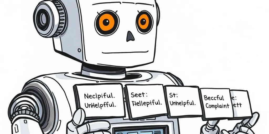 A decisive robot is confidently stamping user messages with clear labels: "Helpful," "Unhelpful," "Complaint." The robot's expression is focused, and the messages are lined up neatly, ready for processing. Style: Hand-drawn illustration with a touch of satire, capturing the straightforward efficiency of automated decision-making.