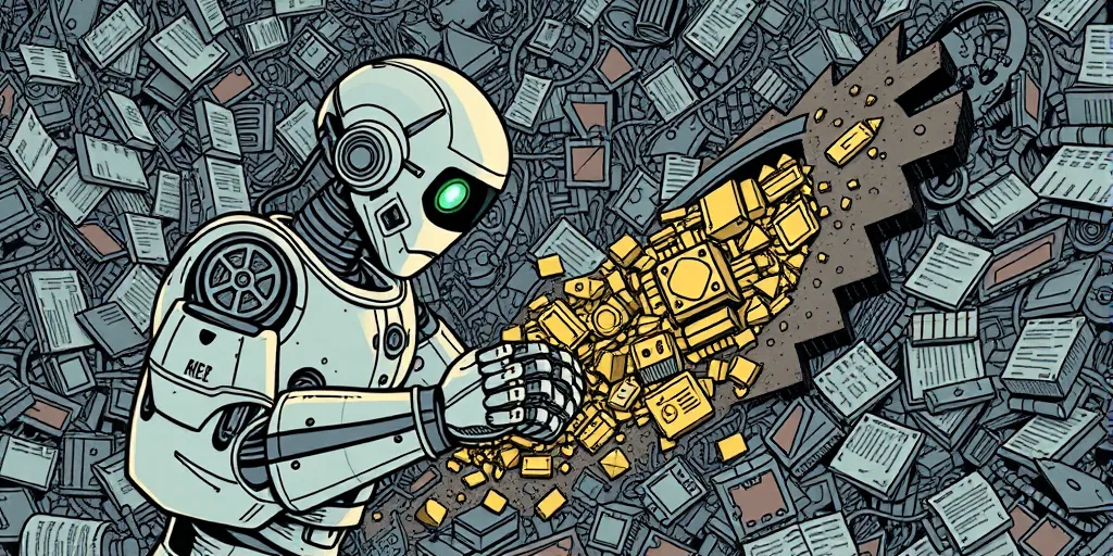 A meticulous robot is meticulously sifting through a mountain of jumbled data. With focused precision, the robot extracts valuable information, carefully plucking out gems of data. The background is a chaotic mess of unorganized information. Style: New Yorker-esque illustration, highlighting detail and the sense of careful effort.