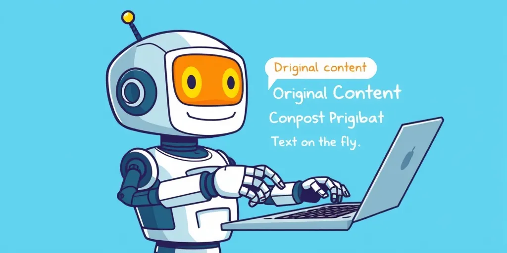 A charismatic robot is dynamically composing original content for a chatbot, weaving together data points and user prompts. The robot's fingers fly across a digital keyboard, creating fresh and engaging text on the fly. It looks like that meme of the dog at the computer with the caption "I have no idea what I'm doing". Style: Lighthearted illustration with bold lines and vivid colors, capturing the excitement and creativity of AI-powered content creation.