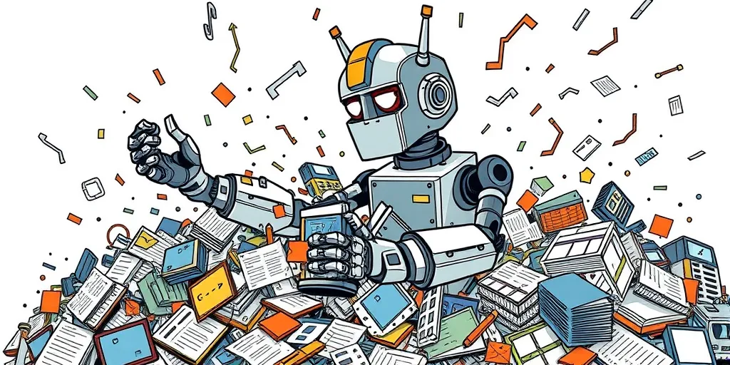 A transformer robot is deftly converting a messy pile of disorganized data into a sleek, structured format (JSON, XML, etc.). The robot uses its arms toactively manipulates the data, using digital tools and displaying a look of intense concentration. Style: New Yorker-inspired illustration, emphasizing the seamless transformation and organization of information.