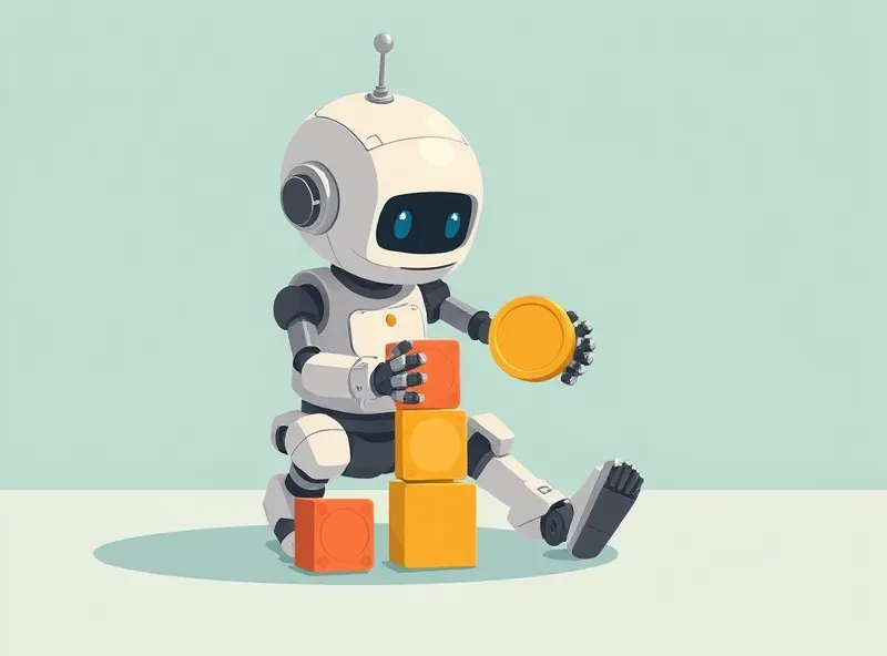 an illustration of a toddler robot playing with blocks and trying to put the round block in the round hole