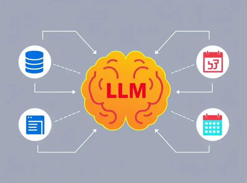 Abstract illustration of a central LLM processing unit interfacing with diverse external tool icons via clear API pathways, representing tool calling.