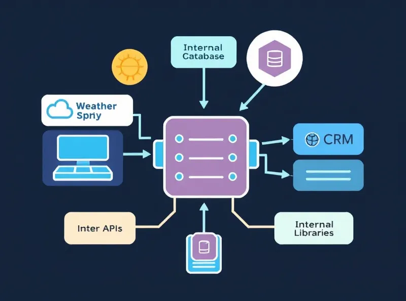 Technical diagram illustrating a central server handling requests from an LLM to interact with secure backend resources like databases and external APIs.