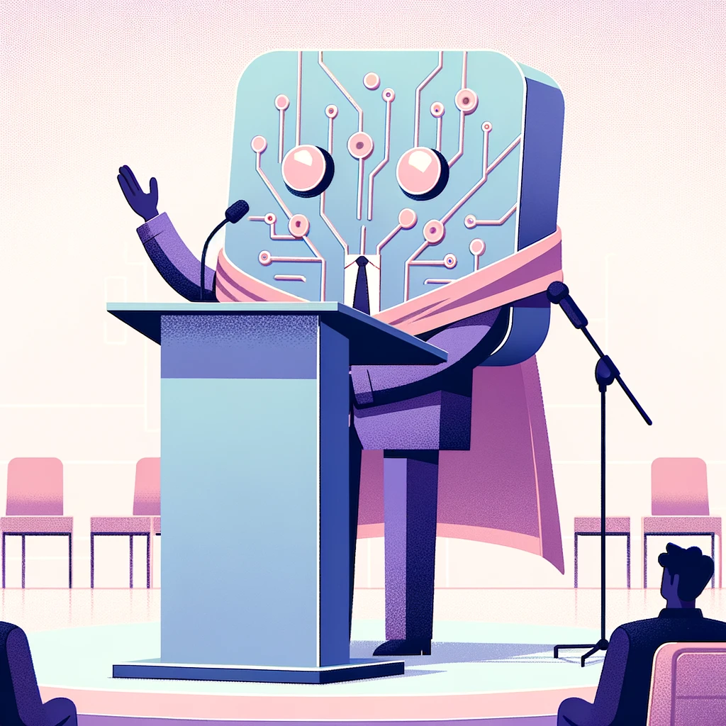 an AI generated image of a robot/LLM giving a speech