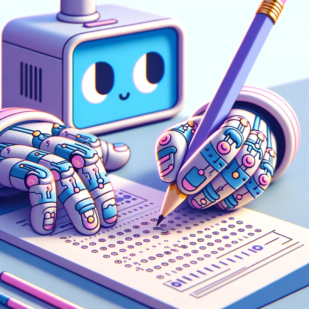 An AI generated image of a robot with freakishly large hands taking a standardized test. The hands are really, really weird