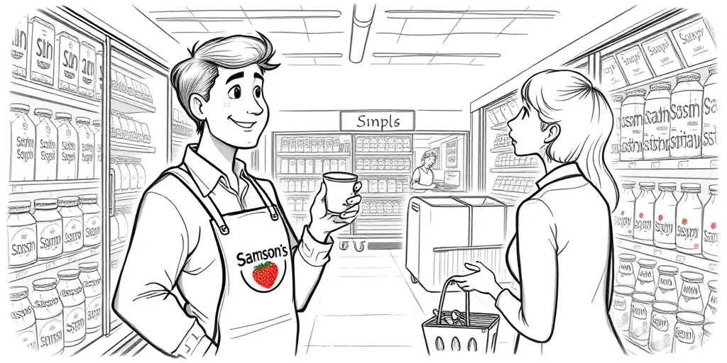 AI generated image of a promoter in a grocery store giving out free samples in cups