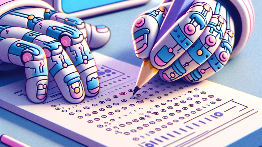 AI generated image of robot hands filling out a standardized test sheet