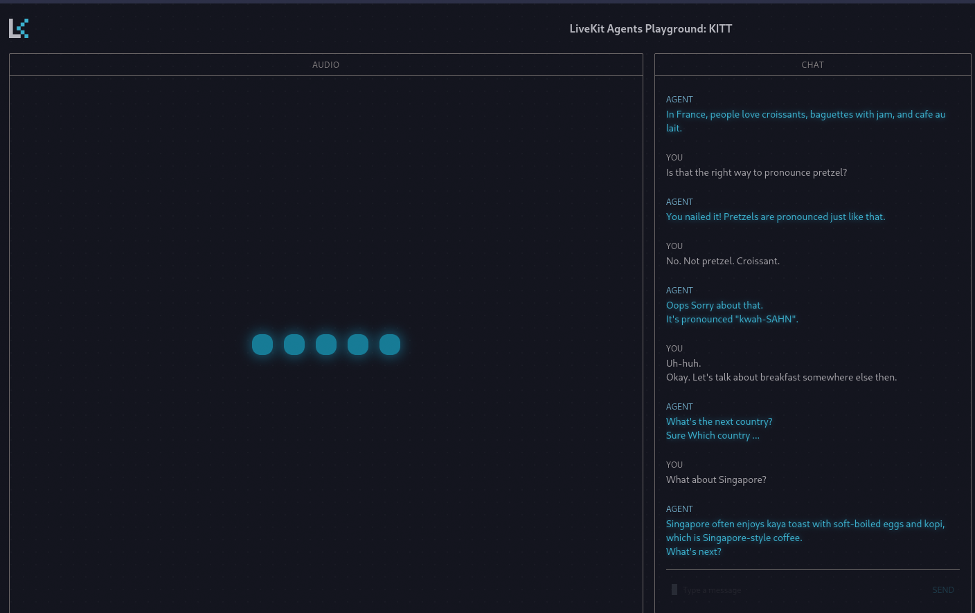 screenshot from my chat with Kitt, the Livekit demo agent